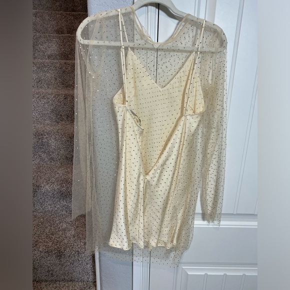 Zara contrasting Sparkly Dress semi sheer rhinestone applique long sleeve - Picture 8 of 9